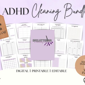 May include: A digital ADHD cleaning bundle featuring multiple printable pages with purple and black text. The central cover page displays the text Decluttering & Cleaning Binder with a purple feather duster graphic. Includes various task lists, calendars, and planners for organization.