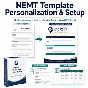 May include: An image showcasing a NEMT Template Collection. The image includes a binder, client information sheets, and a trip tracker. The text highlights personalization options like business name and logo. The design is in shades of blue and white.
