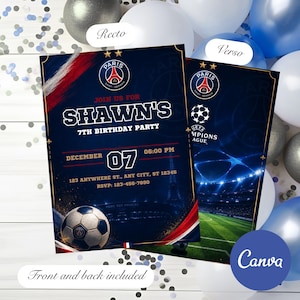 Può includere: Un invito di compleanno rettangolare con sfondo blu scuro e accenti rossi e bianchi. Il fronte mostra il logo del Paris Saint-Germain, un pallone da calcio e il testo Shawn's 7th Birthday Party, 07 dicembre, 18:00. Il retro mostra uno stadio di calcio.