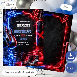 Peut inclure: Une carte d'invitation d'anniversaire sur le thème de la boxe avec un fond noir, des néons rouges et bleus, des gants de boxe, un sac de frappe et des chaussures de boxe. Le texte indique : YOU ARE INVITED TO JACKSON'S BIRTHDAY SATURDAY 05 07:00 PM JANUARY.
