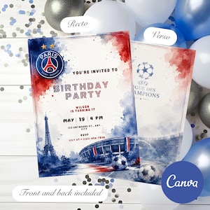 Peut inclure: Une carte d'invitation d'anniversaire rectangulaire avec un motif aquarelle rouge, blanc et bleu. Le recto affiche le logo du Paris Saint-Germain, la tour Eiffel, un stade et le texte 'YOU'RE INVITED TO BIRTHDAY PARTY'.