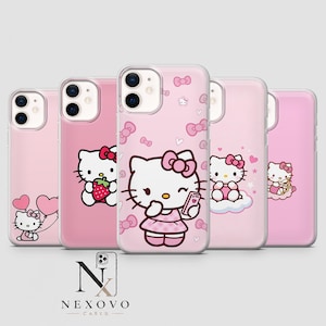 May include: Pink phone cases featuring Hello Kitty designs. The cases showcase various illustrations of the character, including holding a phone, a strawberry, and balloons. The cases have a glossy finish and are adorned with bows and hearts.
