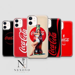May include: A collection of iPhone cases featuring Coca-Cola branding. Designs include the Coca-Cola logo, a vintage pin-up girl with a bottle, and the classic red and white color scheme. The cases are black, red, and beige.