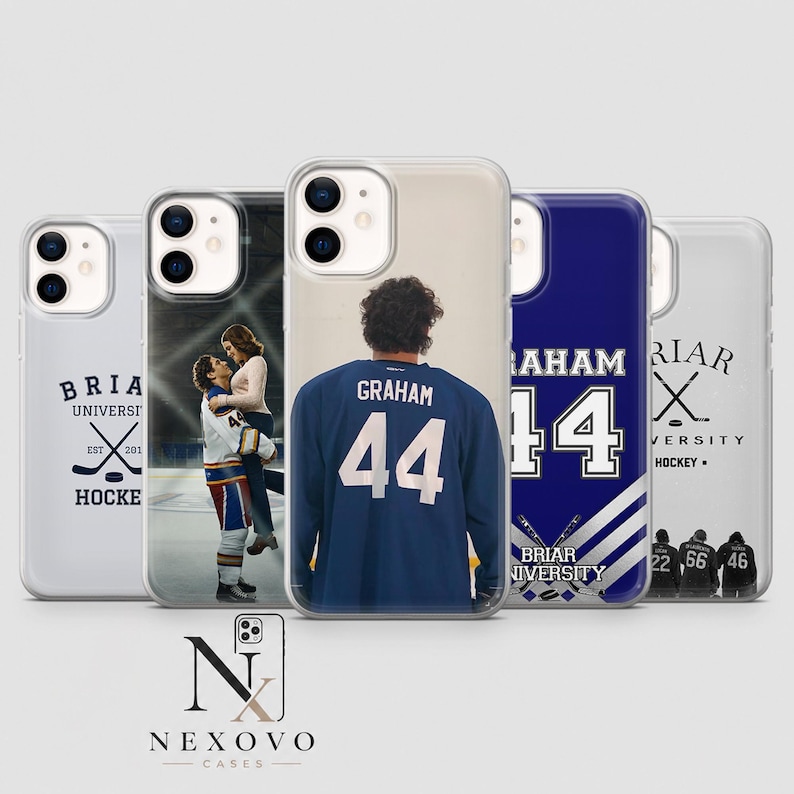 May include: A collection of phone cases featuring hockey-themed designs. One case displays a couple, another showcases a hockey jersey with the name "GRAHAM" and the number "44". Other cases have the text "BRIAR UNIVERSITY HOCKEY".
