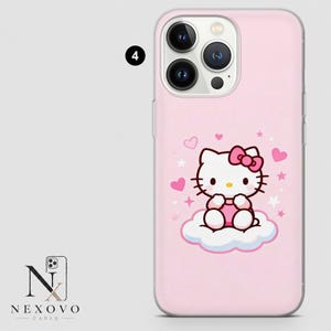 May include: Pink phone case featuring a Hello Kitty design. The case has a light pink background with a cartoon Hello Kitty character sitting on a cloud, surrounded by pink hearts and stars. The case has a camera cutout.
