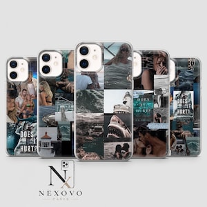 May include: A collection of clear smartphone cases featuring a collage of ocean-themed imagery, including waves, a lighthouse, a shark, and people in water. Several cases display the book title Does It Hurt? in white text over the photographic scenes.