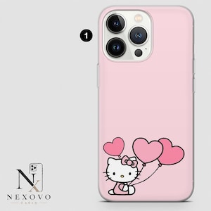 May include: A pink phone case featuring a Hello Kitty design holding three pink heart-shaped balloons. The case has a glossy finish and is designed for a smartphone with multiple camera lenses.