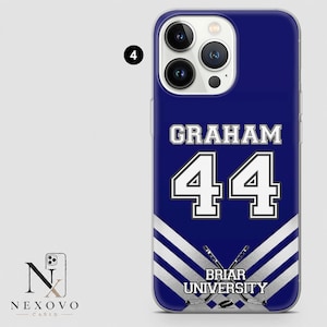 May include: A blue phone case featuring the name "GRAHAM" above the number "44" in white. Below, the text "BRIAR UNIVERSITY" is displayed with crossed hockey sticks. The case has a glossy finish.