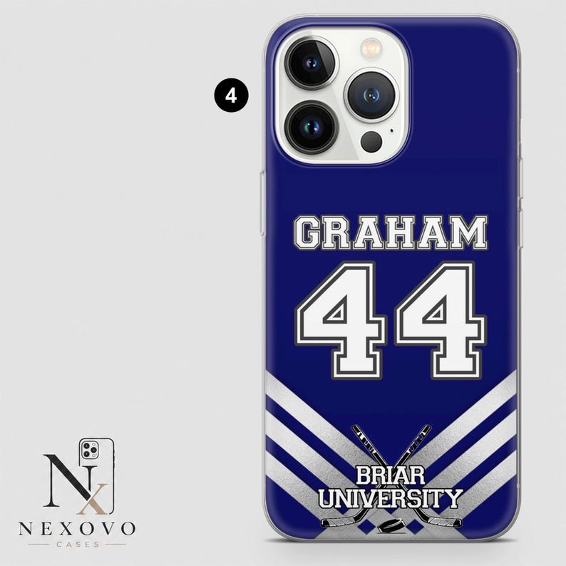 May include: A blue phone case featuring the name "GRAHAM" above the number "44" in white. Below, the text "BRIAR UNIVERSITY" is displayed with crossed hockey sticks. The case has a glossy finish.