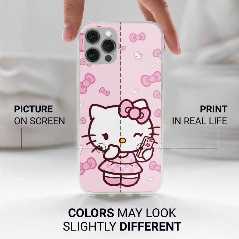 May include: A pink phone case featuring a cartoon illustration of Hello Kitty holding a phone. The case has a repeating pattern of pink bows and hearts. The text "PICTURE ON SCREEN" and "PRINT IN REAL LIFE" are visible.