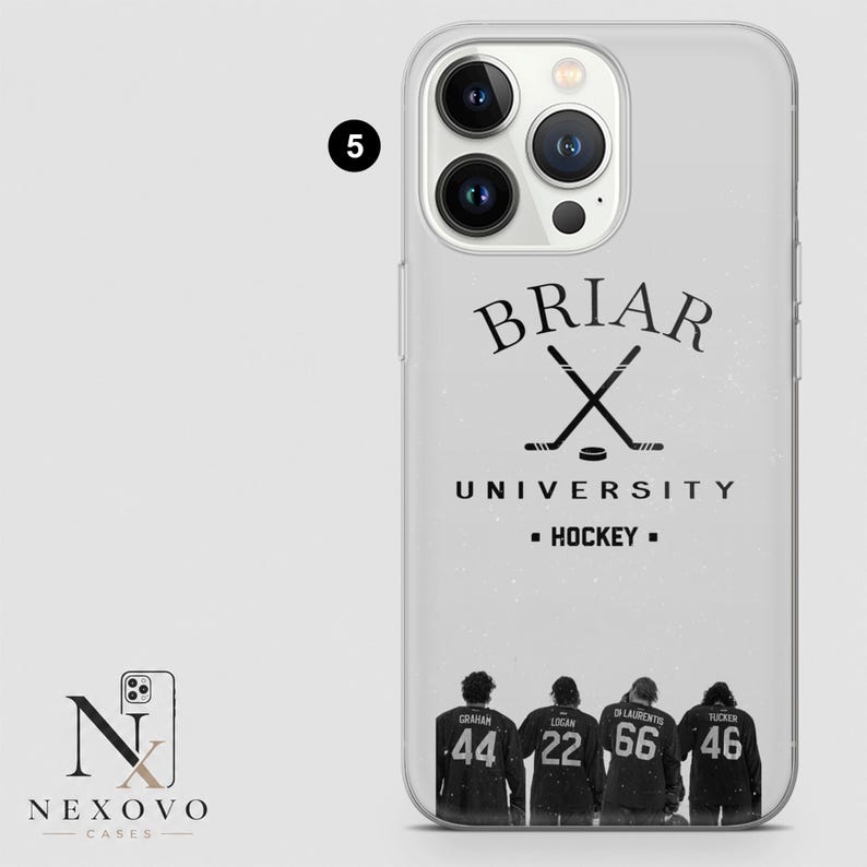 May include: Clear phone case with a design featuring the text "BRIAR UNIVERSITY HOCKEY" and crossed hockey sticks. Below are four figures with jersey numbers 44, 22, 66, and 46. The case has a clear border.