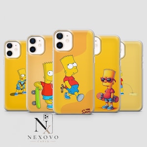 May include: Yellow iPhone cases with Bart Simpson designs. Each case shows a different image of Bart, set against a yellow backdrop. The cases are for an iPhone. The cases have the text "The Simpsons" and the brand "Nexovo Cases".