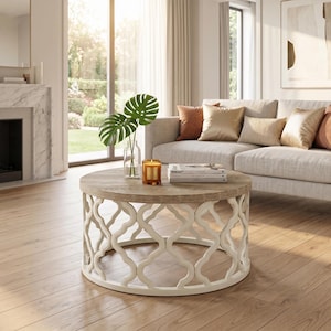 Handcrafted Round Coffee Table: French Country Boho Wood Drum Base