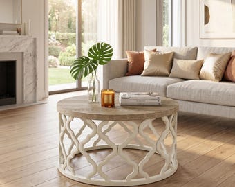 Handcrafted Round Coffee Table: French Country Boho Wood Drum Base
