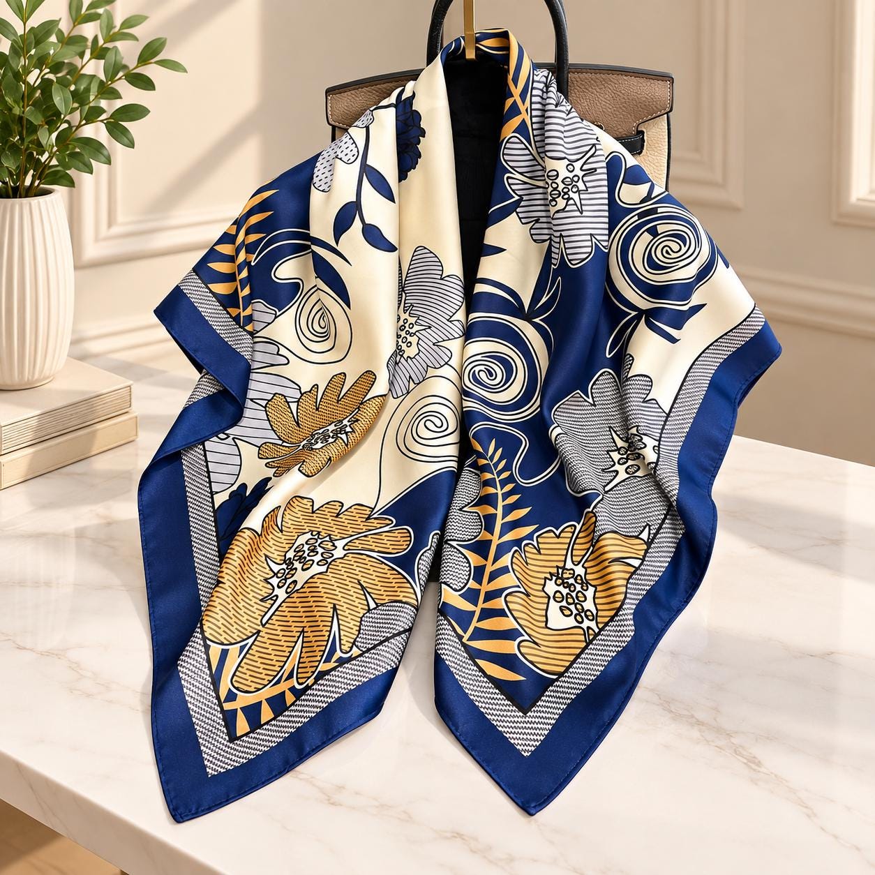 Navy and Cream Silk Neck Scarf - Etsy