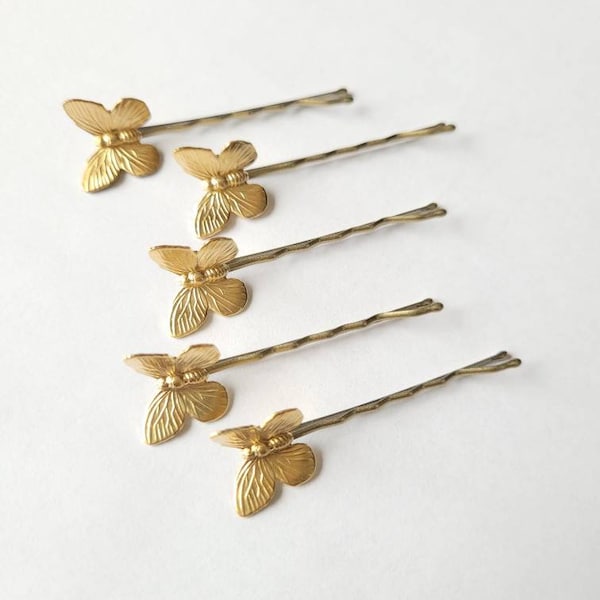 Five Gold Toned Bobby Pin Set Butterfly Hair Pin Set of 5 Gold Toned Bobby Pins Simple Natural Vintage Style Woodland