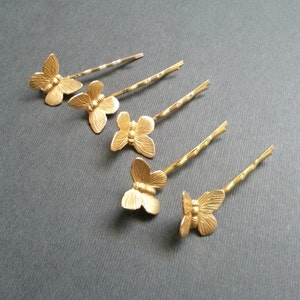 Five Gold Toned Bobby Pin Set Butterfly Hair Pin Set of 5 Gold Toned Bobby Pins Simple Natural Vintage Style Woodland