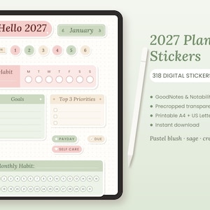 2027 Planner Stickers, Pastel Digital Stickers for GoodNotes, Monthly Headers, Habit Tracker, Precropped PNG