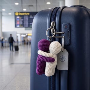 May include: A dark blue hard-shell suitcase features a silver metal zipper and a combination lock. Attached to the zipper pull is a keychain with two small, crocheted figures in purple and cream, hugging each other, and a gray luggage tag.