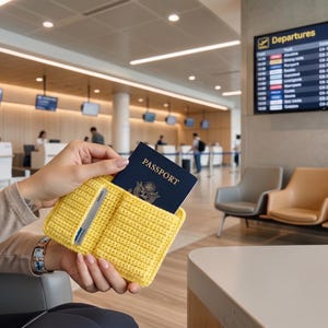 Pode incluir: Um porta-passaporte amarelo de crochê com um passaporte e um cartão de crédito dentro. O porta-passaporte é retangular com vários bolsos. O fundo mostra um terminal de aeroporto com um quadro de partidas.