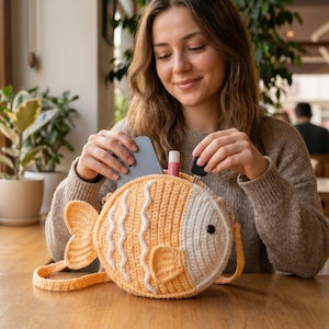 May include: A crocheted fish-shaped purse in shades of orange and white, featuring a long strap and a detailed fin design. The purse is open, revealing a phone and other small items. The purse is sitting on a wooden table.
