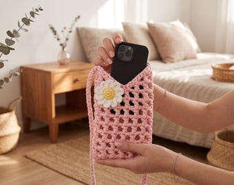 Gehaakt tasje voor mobiele telefoon, crossbodytasje met bloemen, pdf-patroon voor gehaakt gsm-zakje