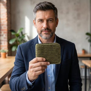 May include: Olive green crochet wallet. The square wallet is held by a person wearing a navy blue blazer and a light blue shirt. The background includes a brick wall, a window, and a wooden table.
