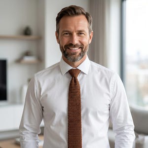 May include: A man wearing a white dress shirt and a brown crocheted tie. The tie is a solid color and has a textured appearance. The man is smiling and looking directly at the camera.