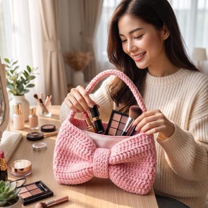 May include: A pink, bow-shaped handbag filled with makeup products, including lipsticks, brushes, and eyeshadow palettes. The bag is made of a textured material and has a handle. The scene includes a vanity with a mirror and other beauty items.