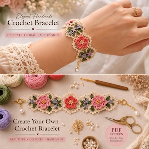 Mönster för elegant virkat blomarmband i PDF-format för medelålders, present till henne, handledning för gör-det-själv-blommiga smycken, guide till virkad armband, nedladdning