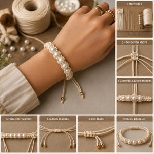 May include: A macrame bracelet featuring a row of white pearls woven into cream-colored cord. The design includes a sliding closure with small gold-toned beads at the ends. The image displays a step-by-step tutorial showing materials, foundation knots, pearl integration, and the final finished bracelet.