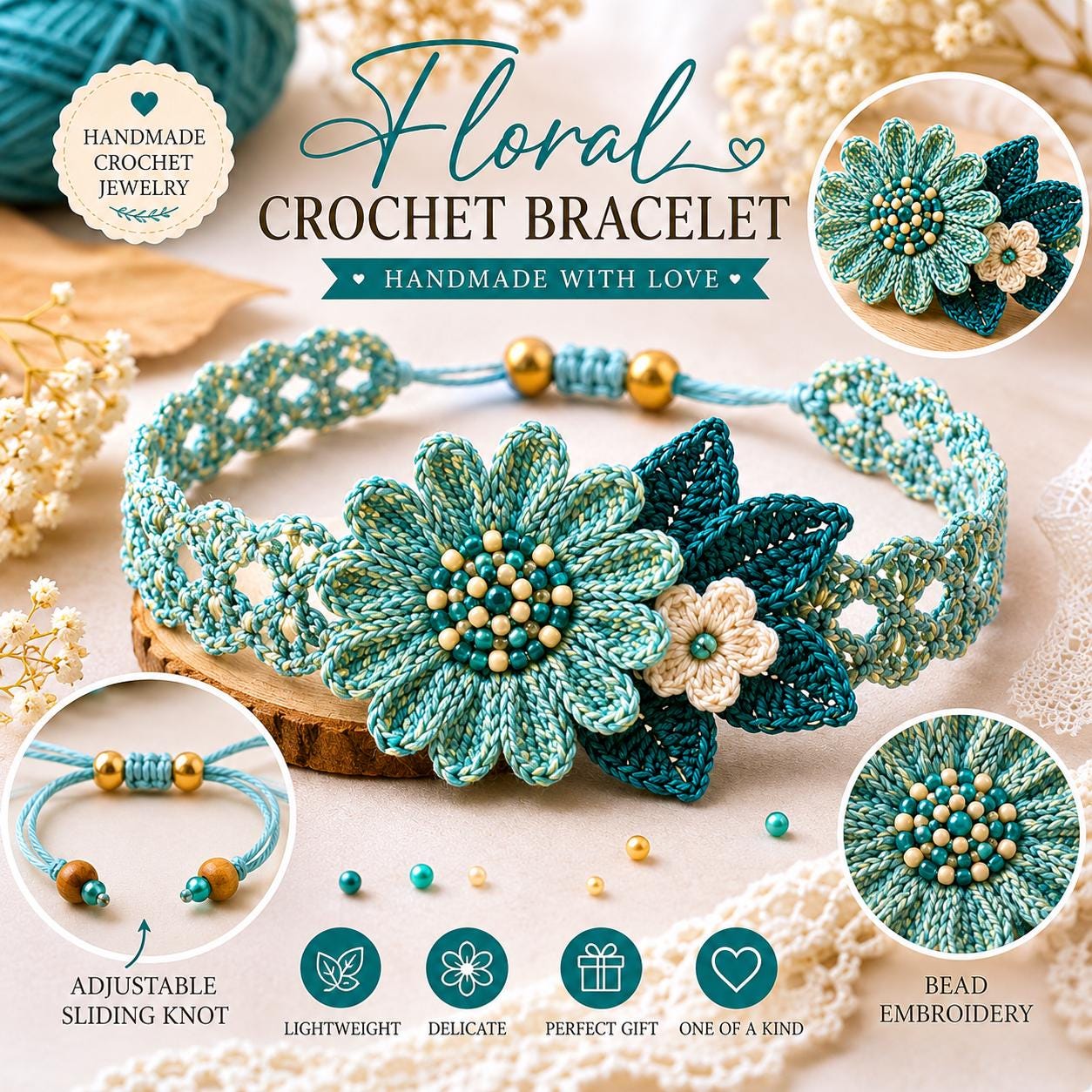 38 Crochet Jewellery Patterns with Brooches, Earrings, Bracelets 38 Floral Crochet Bracelet