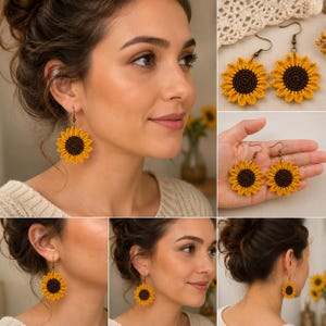Peut inclure: Une paire de boucles d'oreilles pendantes en forme de tournesol avec des centres marron foncé et des pétales crochetés jaune vif. Les boucles d'oreilles sont fixées à des crochets en métal bronze et présentent un design circulaire texturé.