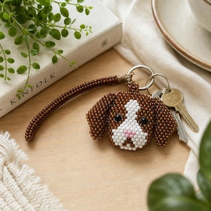 May include: A beaded keyring featuring a brown and white dog head with black eyes and a pink nose. The dog head is attached to a long, thin, brown beaded strap and a silver metal ring holding two silver keys, one of which is engraved with the word HOME.