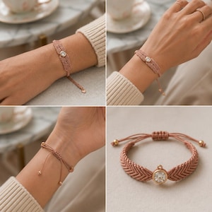 May include: A dusty rose woven cord bracelet featuring a central circular clear crystal set in a metallic frame. The bracelet has a chevron pattern, an adjustable sliding knot closure with two thin cord ends, and small metallic beads at the tips.