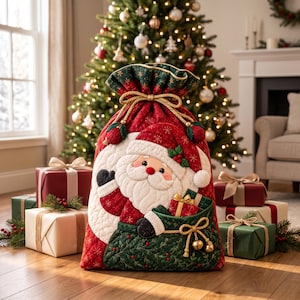 May include: A large red and green fabric gift sack featuring a quilted Santa Claus applique on the front. The sack has a drawstring closure with gold rope ties and decorative bells. It is decorated with gold snowflake patterns and holly.