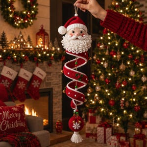 May include: A crochet Santa Claus ornament featuring a spiral red and white body with small green and gold beads. The Santa head has a white curly beard and a red hat with a white pom-pom. A red ball with a white snowflake hangs at the bottom.