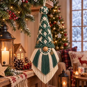 May include: A macrame gnome ornament featuring a conical hat in dark green and cream cord with a diamond pattern, a round wooden nose, and a long, layered fringe beard in alternating dark green and cream strands with gold snowflake charms.