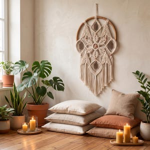 Puede incluir: Un gran tapiz de pared de macramé circular con intrincados patrones de cordón anudado en color blanco roto, cuentas de madera y un elemento central en forma de estrella, suspendido de un aro de madera con flecos.