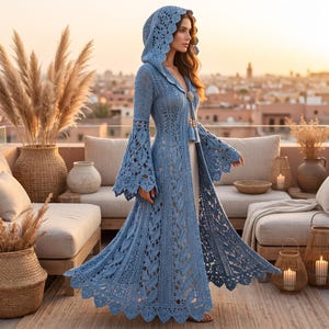Puede incluir: Un cárdigan largo de ganchillo en color azul claro con capucha, mangas acampanadas y un intrincado diseño de hojas. La prenda incluye un cierre frontal con un broche decorativo y borlas colgantes, extendiéndose hasta los tobillos.