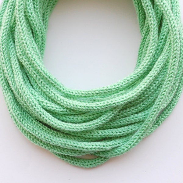 Knitted tube scarf for stylish girl - Mint Green with beige PUG buttons