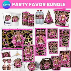 Op de afbeelding: Een feestartikelenpakket met luipaardprint en felroze thema met de tekst Let's Get WILD LEO SZN. Bevat een achtergrond, t-shirt, waterflessen, snackzakjes, bekers, cupcake-toppers, bedankkaartjes, menukaarten en een cadeauzakje.