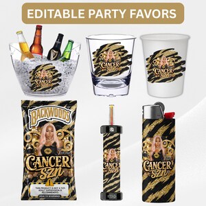 Puede incluir: Una colección de artículos de fiesta con un patrón de rayas de tigre en negro y dorado y el texto "CANCER SZN". Los artículos incluyen una cubitera transparente con botellas, un vaso de chupito, un vaso blanco, una bolsa, un cilindro y un encendedor.