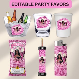 Pode incluir: Uma coleção de artigos de festa com estampa de leopardo rosa, uma foto de uma pessoa e o texto Olivia Turning 30. Inclui um balde de gelo com garrafas, um copo transparente, uma caneca branca, um saco de snacks, uma palhinha e um isqueiro.