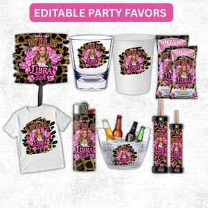 May include: A collection of party favors featuring the text "Let's Get WILD Libra szh" and a woman's portrait. Items include a hand fan, shot glass, cup, snack bags, t-shirt, lighter, ice bucket with bottles, and two tall cylindrical containers.