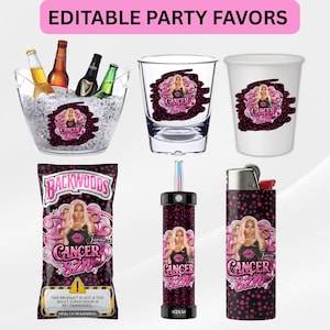 Könnte beinhalten: Eine Sammlung von Partyartikeln im rosa-schwarzen Design mit dem Text "CANCER SZN" und einer Personengrafik. Enthalten sind ein transparenter Eisbehälter mit Flaschen, ein Glas, ein weißer Becher, eine Snacktüte, ein zylindrischer Behälter und ein Feuerzeug.