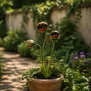 May include: A decorative garden sculpture featuring three green stems topped with red and green carnivorous plant heads with open mouths and white teeth, planted in a round, textured terracotta-colored pot with soil visible at the base.