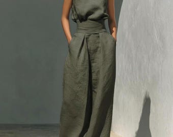 Mouwloze jumpsuit voor dames van katoen en linnen, elegant en casual, met wijde pijpen.