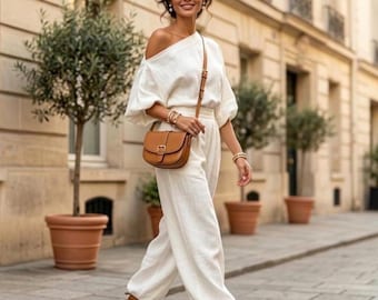 Zweiteiliges Leinen-Set mit schulterfreiem Rock für Damen, Outfit mit weitem Hosenbein, Boho-Sommerurlaubskleidung, lässiges Set, Strandresort