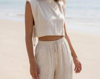 Dwuczęściowy komplet lniany dla kobiet, lniane spodnie i top, dwuczęściowy strój letni z wysokim stanem, komplet lniany w stylu boho, swobodny letni zestaw